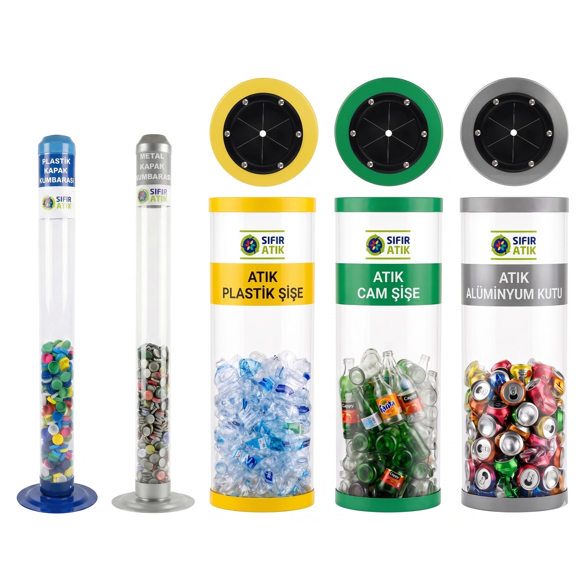 İDM25 depozitolu ambalaj atığı toplama seti: sarı atık plastik şişe, yeşil atık cam şişe, gri atık Alüminyum kutu kumbaraları ile plastik ve metal kapak kumbaraları