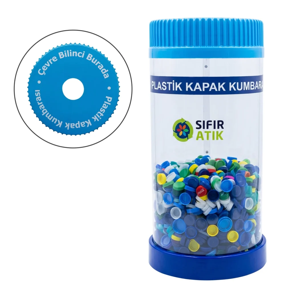 İM06S plastik kapak toplama kumbarası, sticker uygulamalı jumbo model, şeffaf PVC gövde ve mavi kapak