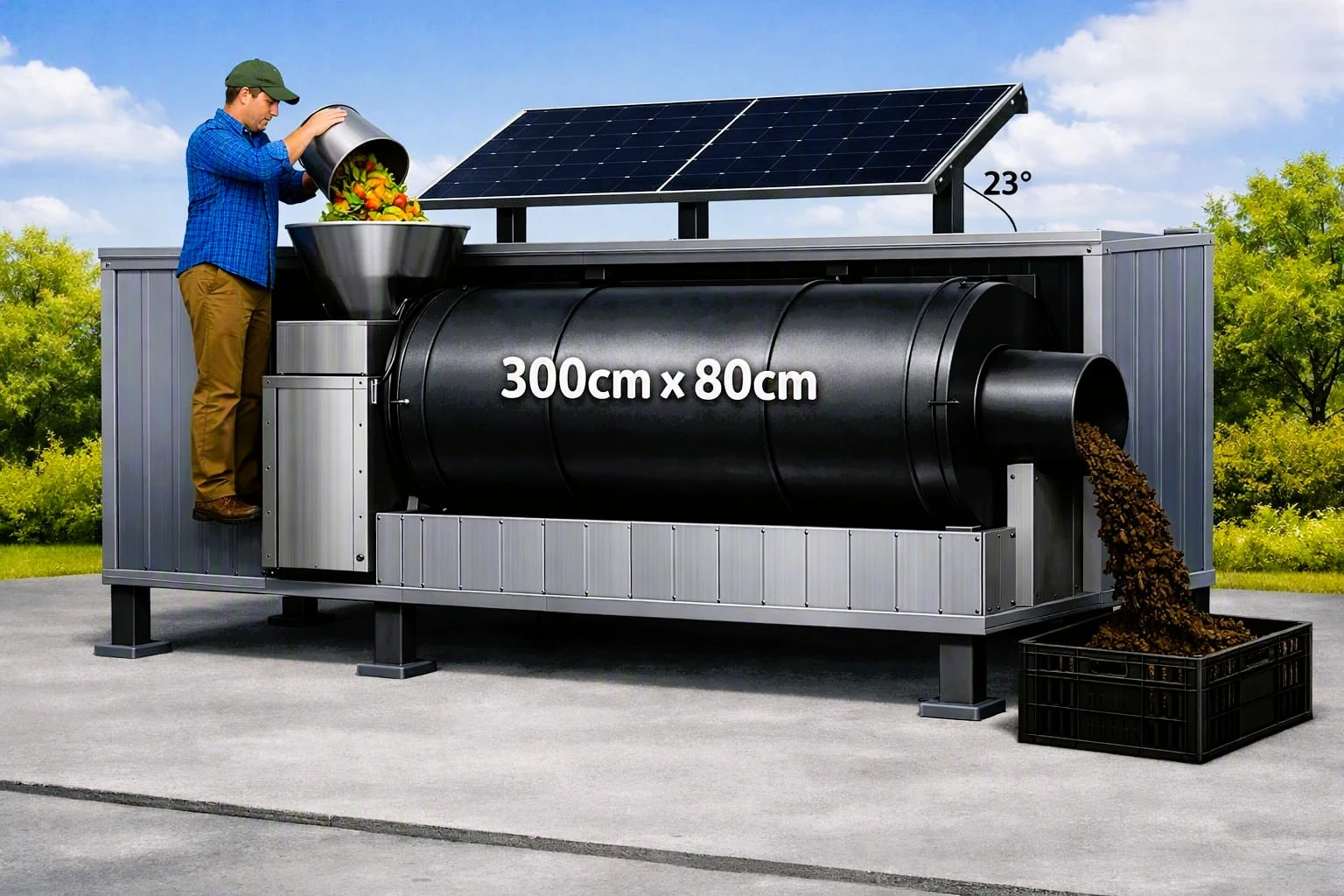 Güneş enerjili döner tamburlu kompost makinesi, organik öğütücü ve solar panel
